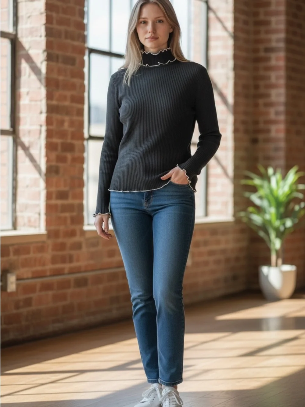 J. Crew Black Ribbed Mock Neck Sweater with Contrast Ruffle Trim